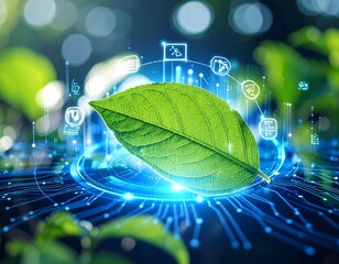 Green leaf with digital interface represents technology and environmental science
