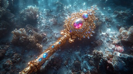 An opulent golden scepter with colorful gemstones underwater with stunning coral and sunlight photo