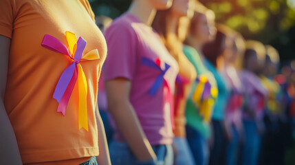 Women with awareness ribbons at outdoor event