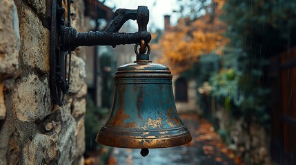 Antique bronze bell hanging on stone wall in autumnal landscape photo