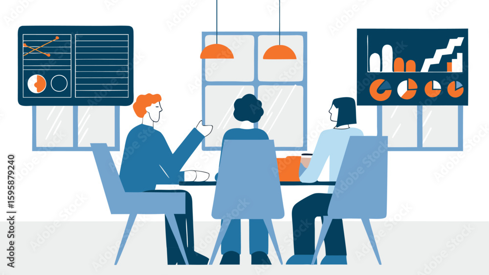 Poster three people are sitting at a table in a meeting room with charts and graphs on the walls around the