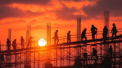 Construction workers on high rise scaffolding at sunrise
