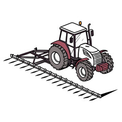 White tractor with maroon accents and towed harrow