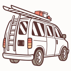 Fototapeta premium White utility van with ladder and boxes roof rack transportation