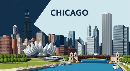 Vector Chicago skyline. Travel Chicago famous landmarks. Business and tourism concept for presentation, banner, web site.