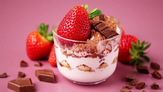 Strawberry chocolate milkshake with chocolate cake crumble in pink background 