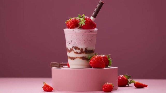 Strawberry chocolate milkshake with chocolate cake crumble in pink background 
