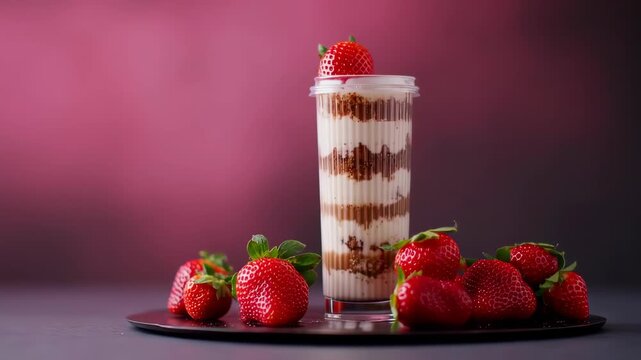 Strawberry chocolate milkshake with chocolate cake crumble in pink background 