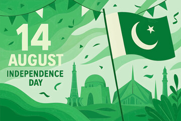 Pakistan Independence Day Poster – 14 August Celebration with Flag, Minar-e-Pakistan, and Faisal Mosque