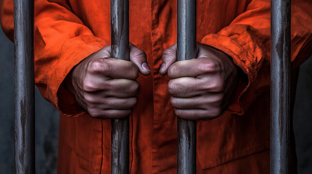 Hands gripping prison bars in orange jumpsuit closeup