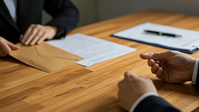 Businesspeople exchanging a brown envelope on a wooden table with documents and a pen in the background