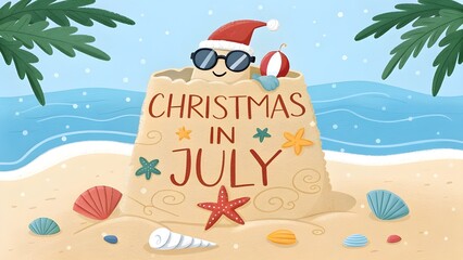 Festive sandcastle with santa hat and sunglasses on a tropical beach