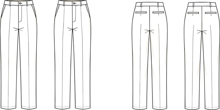 cad drawing flat vector illustration of women formal straight pants technical fashion sketch clothing design front back view