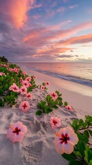 Sunrise Serenity Hibiscus Blooms on a Tropical Beach