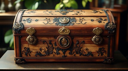 Antique wooden treasure chest with detailed ornamental hardware illuminated by soft natural light photo