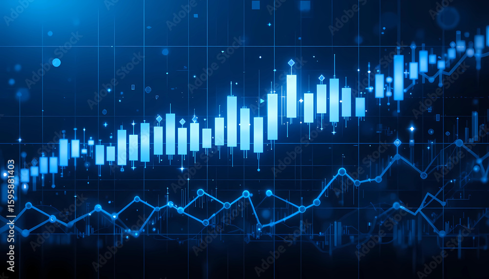 Poster blue stock market chart showing an upward trend with candlesticks and a line graph overlaying it