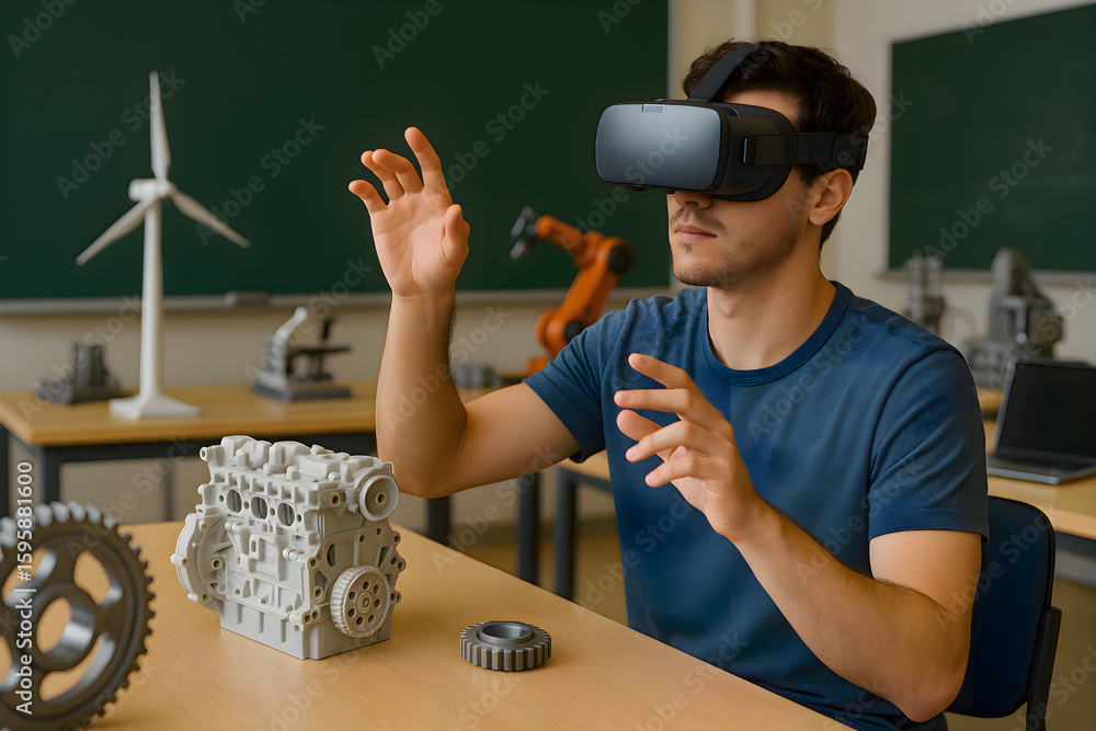 Poster man sitting at a table and wearing a virtual reality headset, immersed in digital experience or simu
