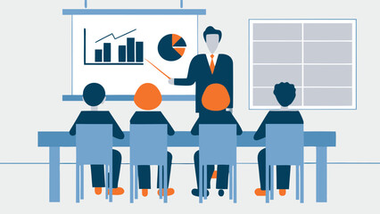 Obraz premium Man presenting data charts to an audience sitting at a table in a business meeting room setting