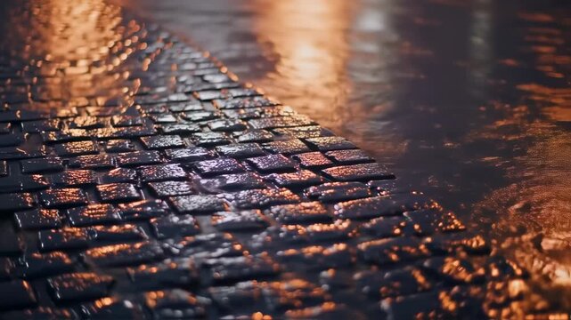 Wet Cobblestone Street with Rain at Night, and City Reflections.