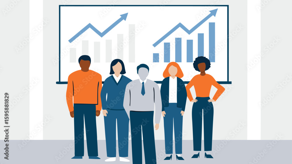 Aufkleber diverse team standing in front of a chart with upward trending arrows and bar graphs showing growth