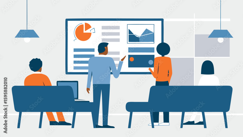 Poster people attending a business presentation with charts and graphs on a screen in a modern office space