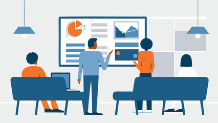 Obraz premium People attending a business presentation with charts and graphs on a screen in a modern office space