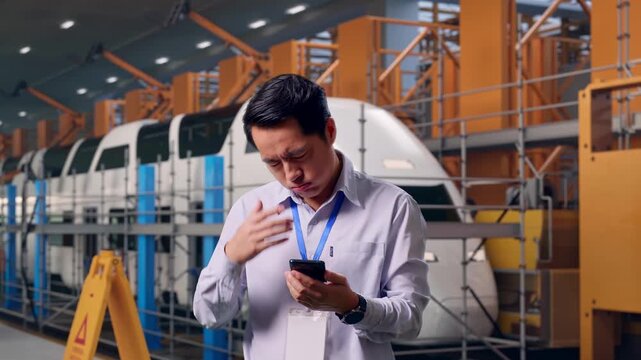 Asian Male Professional Worker Standing With His Smartphone, Train Maintenance Engineers in a Depot, He Is Nodding His Head With Dissapionted