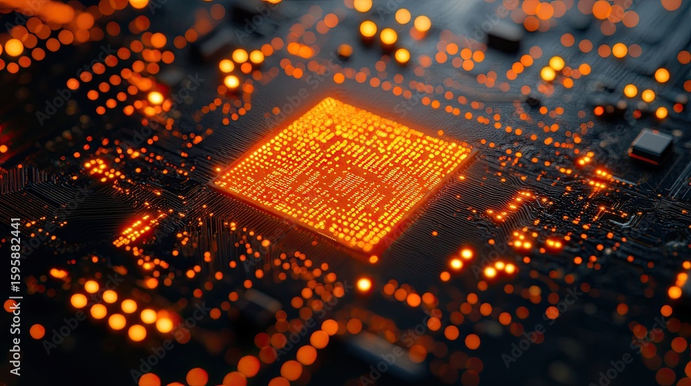 Poster close-up of a microchip with glowing orange circuitry.