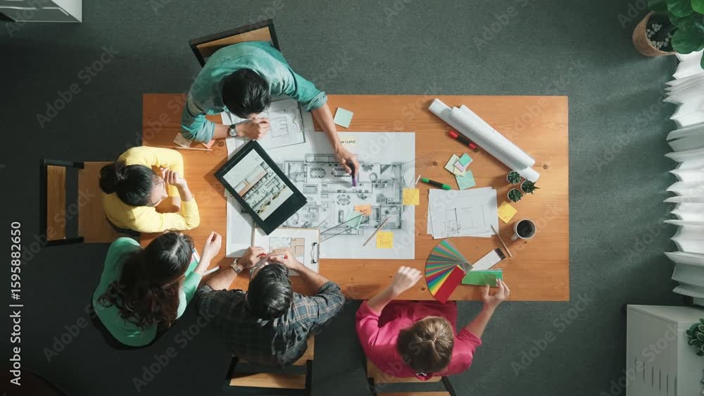 Poster time lapse of professional engineer looking at blueprint at meeting room. top view architect team ta