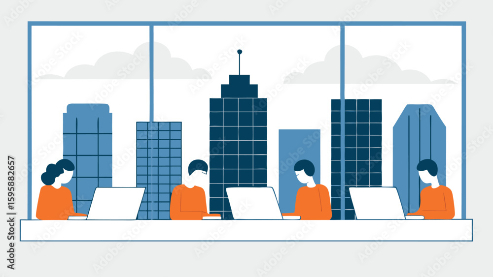 Poster people working on laptops in front of a window with a city skyline view in the background scene desi