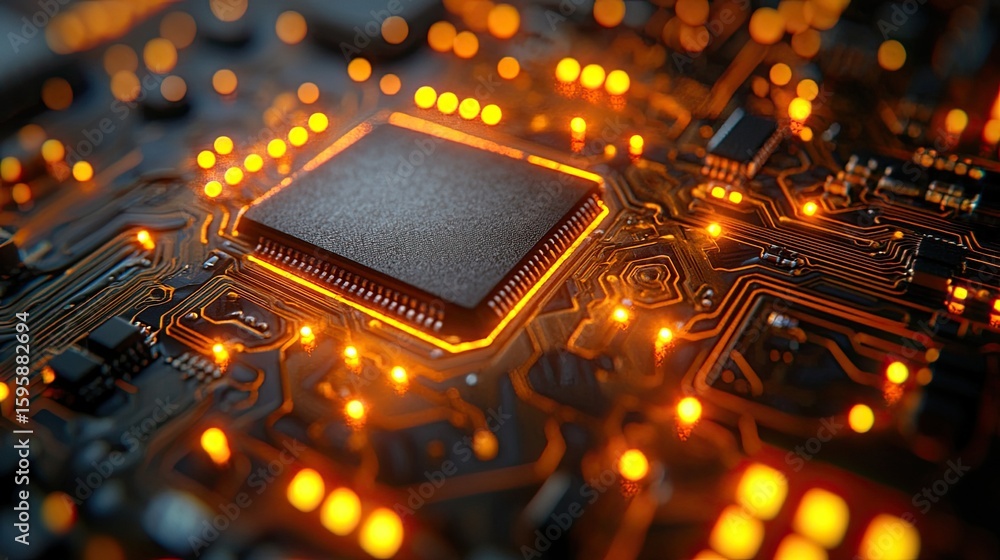 Poster close-up of a microchip with glowing orange circuitry.