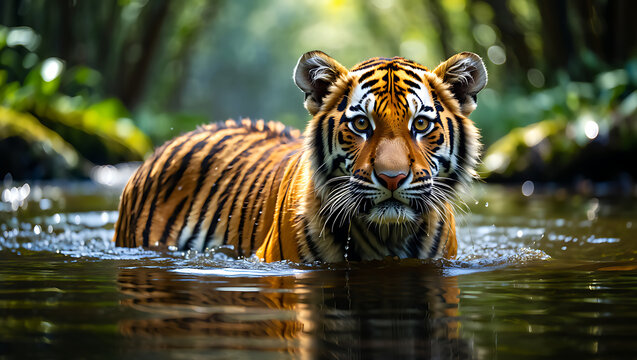 Striking portrait of a striped Bengal tiger, a powerful feline predator, submerged in a jungle river