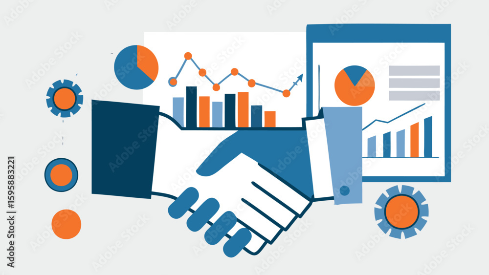 Poster illustration of a business handshake with charts and graphs representing financial data analysis