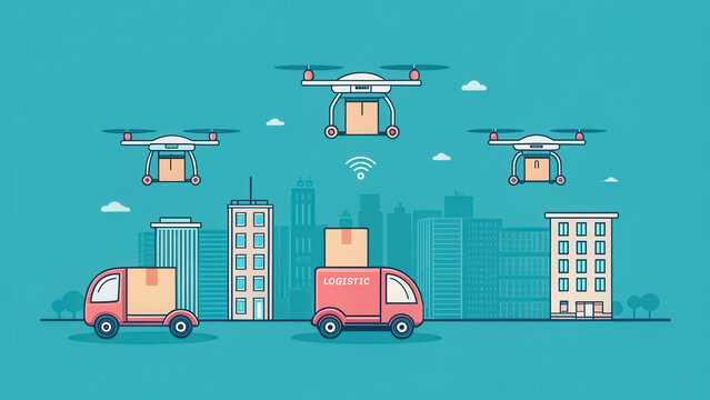 Iot in logistic, Urban delivery scene featuring drones and delivery trucks among city buildings.