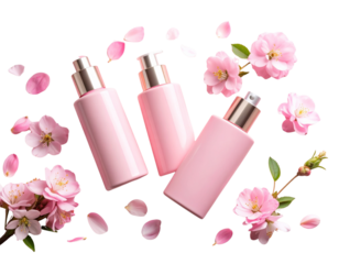Diagonal Flatlay of Matte Pink Makeup Products with Floral Accents