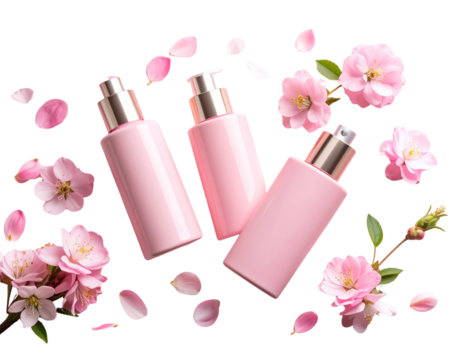 Diagonal Flatlay of Matte Pink Makeup Products with Floral Accents