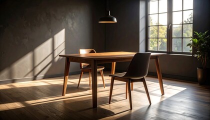 Sun-Drenched Minimalist Dining Room with Wooden Table and Harmonious Ambiance