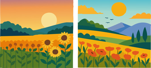 Vibrant Field of Sunflowers and Poppies Under a Sunset Sky.