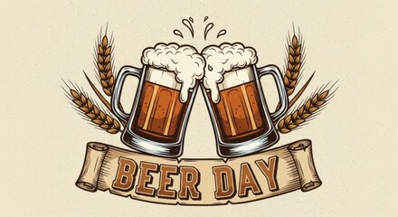 A vintage illustration celebrates beer day with two mugs of frothy beer and wheat