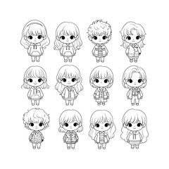 Twelve charming, line-art chibi character designs, showcasing diverse hairstyles and casual outfits.