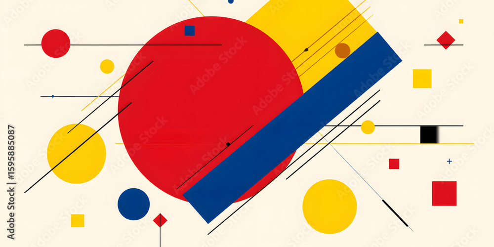 Poster geometric abstraction: a vibrant composition of geometric shapes – circles, squares, and lines – in 