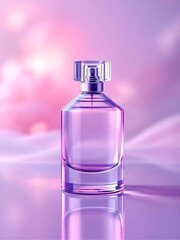 Elegant glass perfume bottle with soft pink and purple background