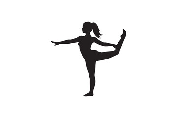 Silhouette of a woman performing a yoga pose standing on one leg while holding the other leg up with her hand isolated Art & Illustration