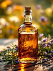 Amber liquid in glass bottle with cork amidst wildflowers