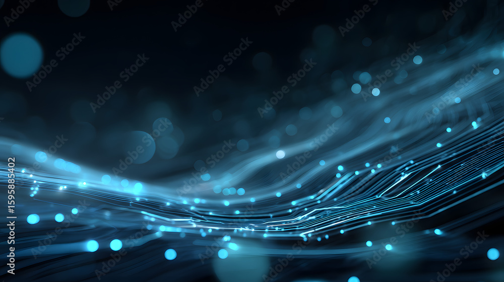 Poster digital flow: a dynamic composition of luminous blue particles and interconnected lines, evoking a s
