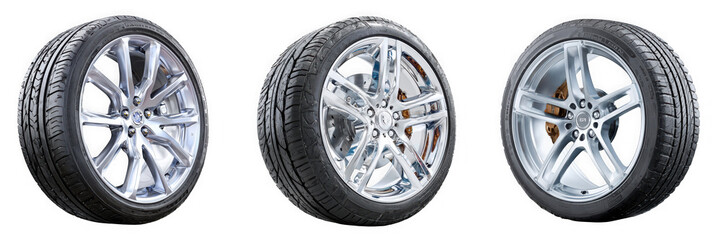 Obraz premium Three silver alloy car wheels with tires and brakes on white isolated on transparent background