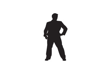 Silhouette of a confident businessman standing with hands on hips isolated on a white background showcasing strength, leadership, and determination in a simple and powerful Art & Illustration