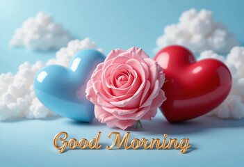 Pink rose with blue and red hearts on a blue background with clouds and good morning message conveys love and a positive start to the day.