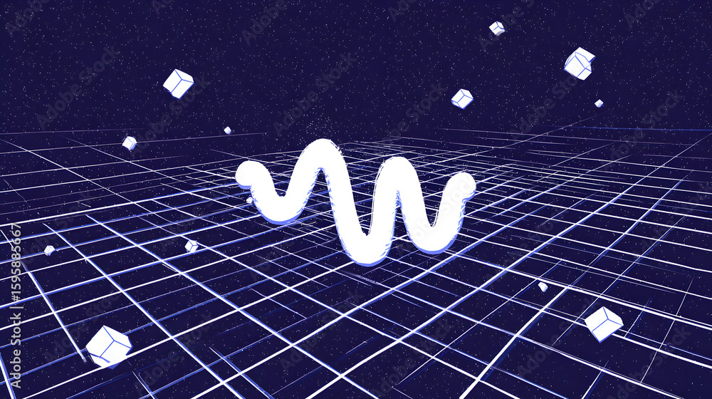 Poster abstract digital wave: a stylized digital wave floats amidst a futuristic grid and geometric shapes,