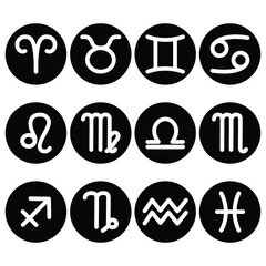 Vector set of 12 zodiac signs icons in white and black circles.